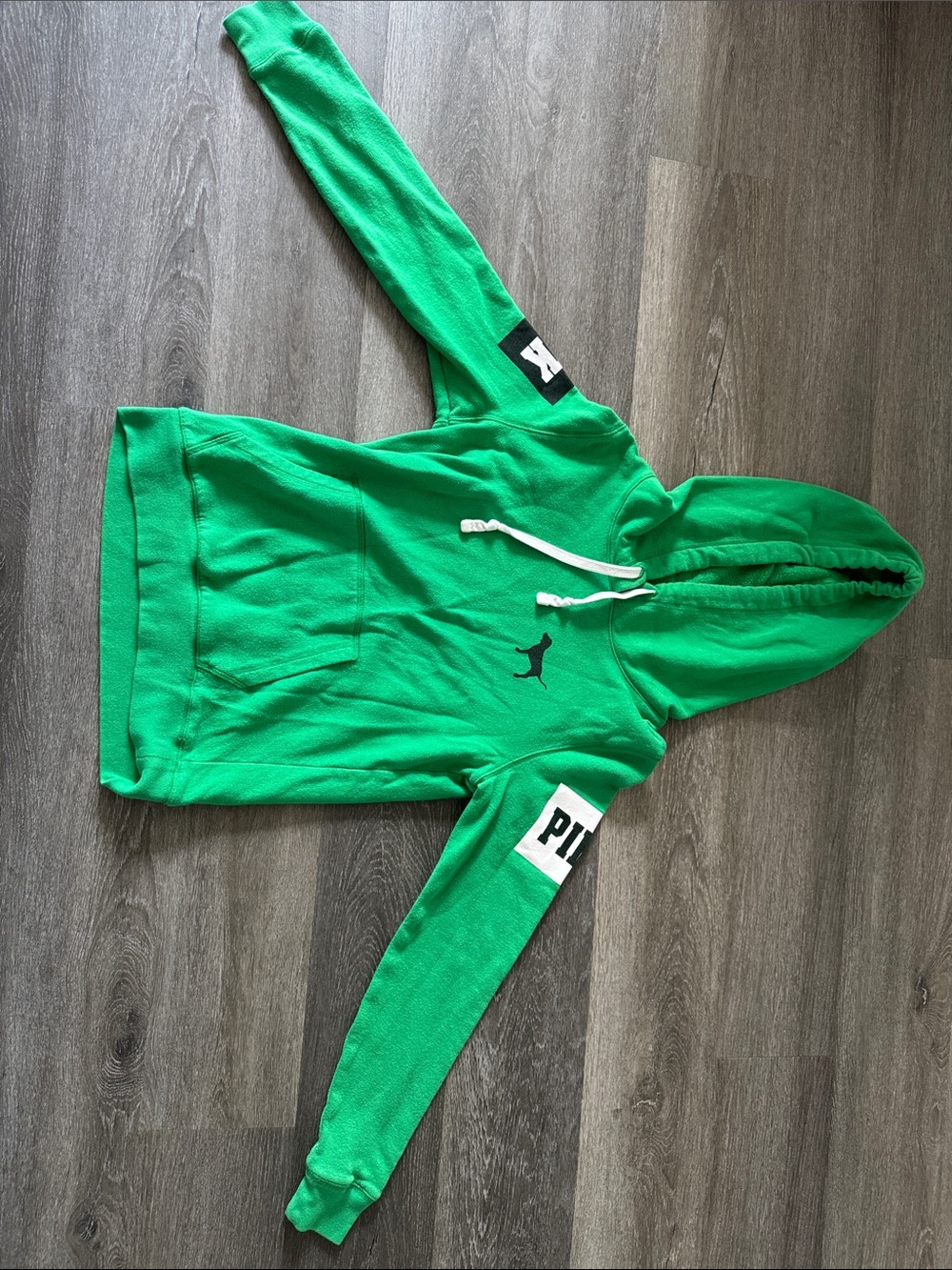 Pink Victoria Secret Bright Green Hooded Pullover with White Drawstrings size S.